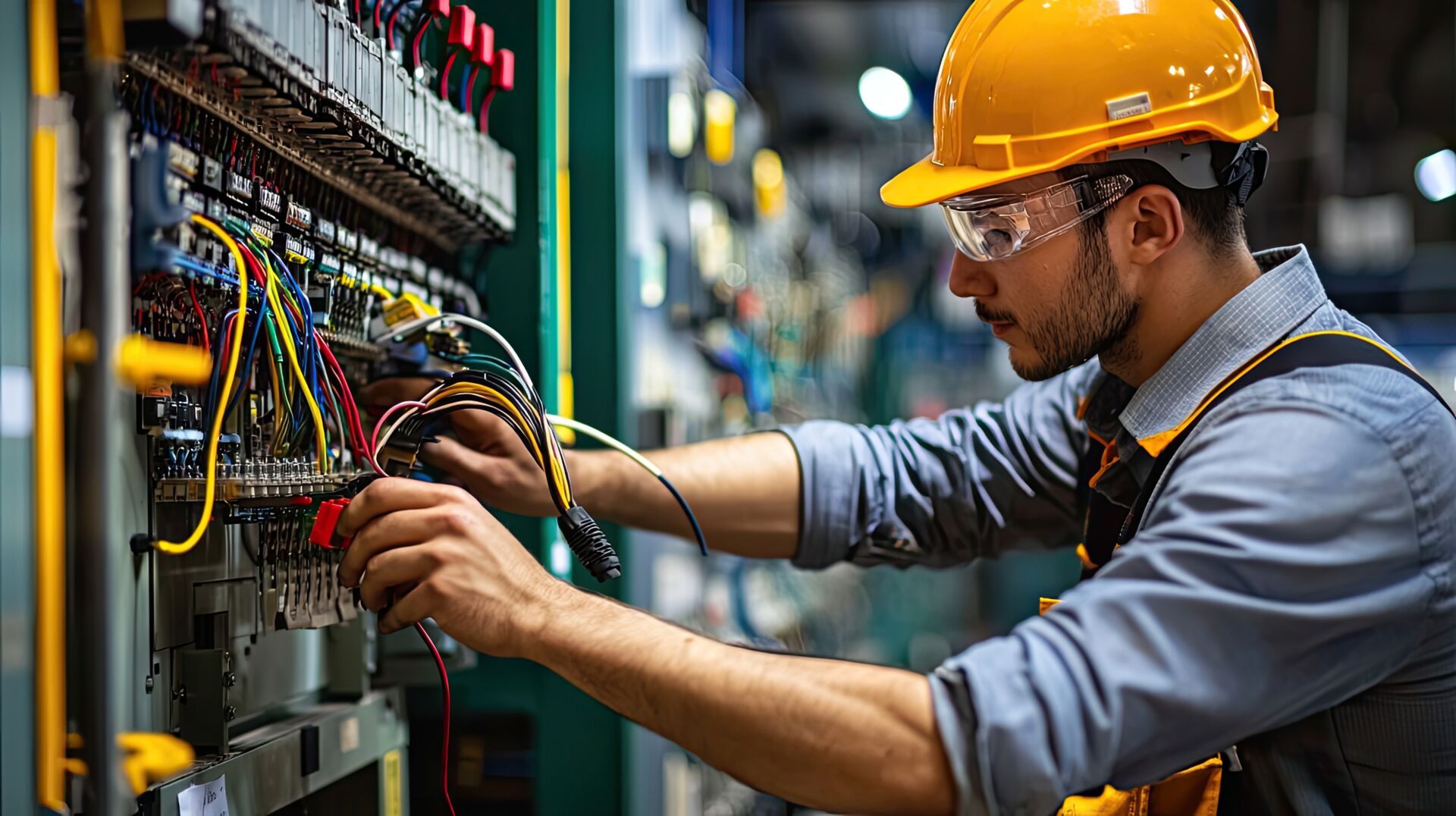 Techniker mit Schutzhelm arbeitet an der elektrischen Anlage einer Pumpe